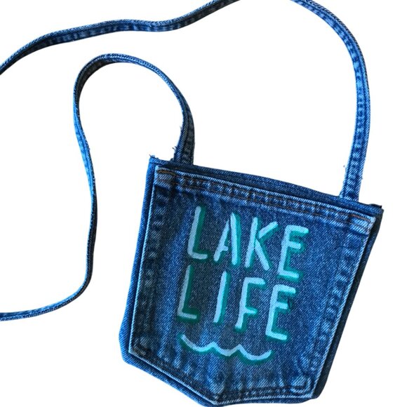 Handmade Crossbody Denim Bag: Painted Lake Life Cell Phone Jean Pocket Purse - Picture 5 of 11
